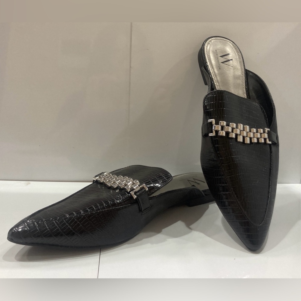 Worthington Wor Camden Black Mule Faux Alligator Leather, Metal Buckle Size 10M